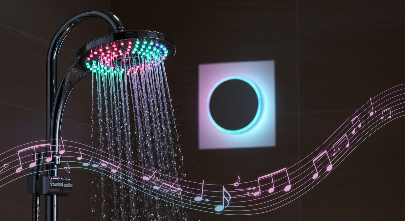 A LED-es zuhanyfej zenét játszik, miközben zuhanyozunk.