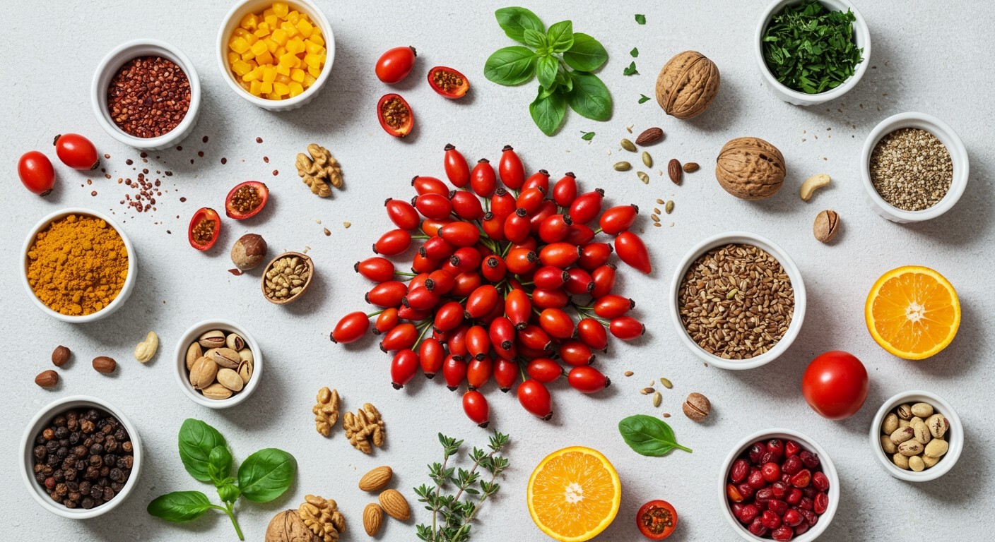 A csipkebogyó gazdag C-vitaminban és antioxidánsokban.