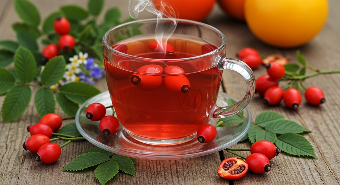 A csipkebogyó tea gazdag C-vitaminban és antioxidánsokban.