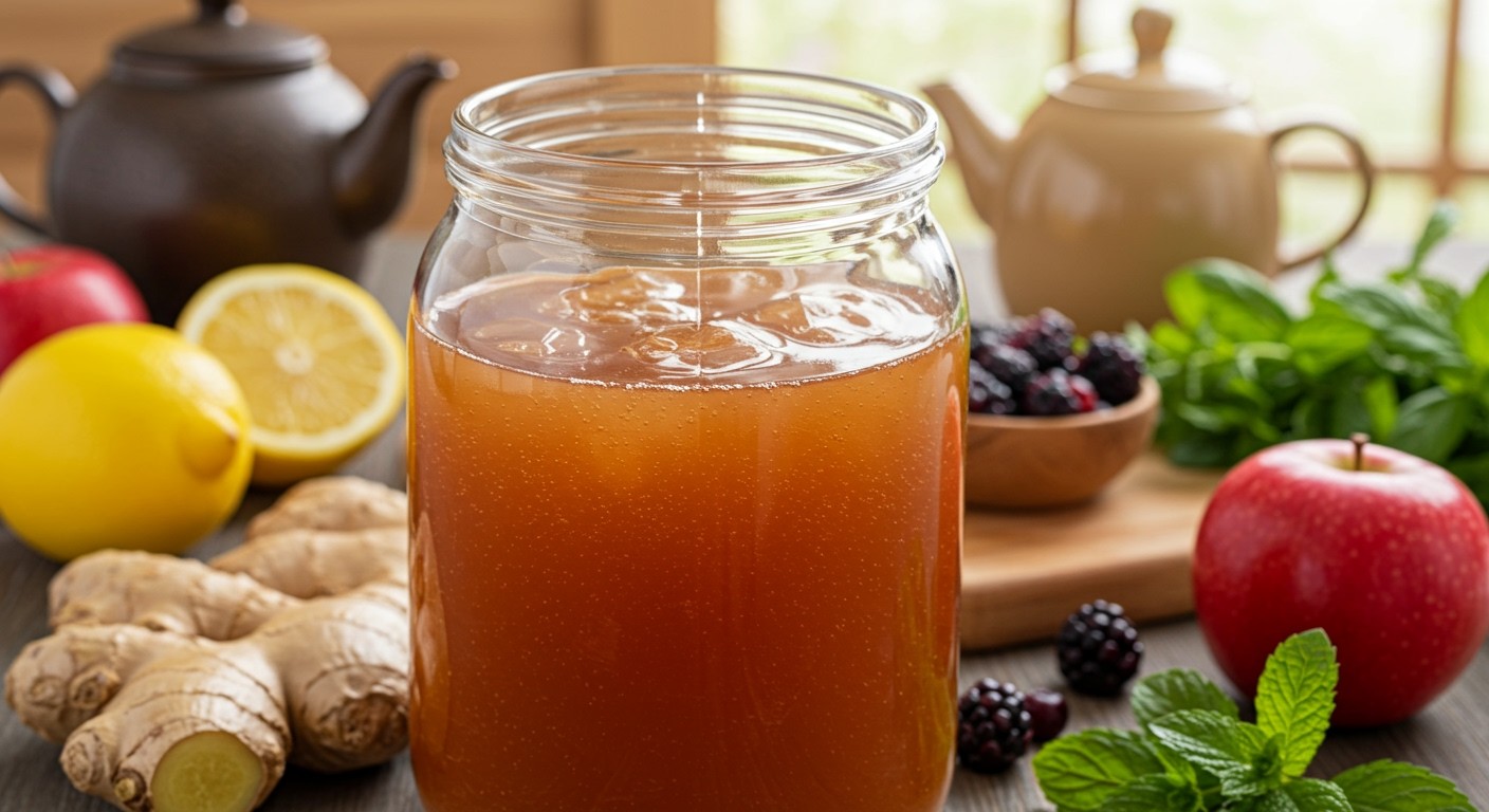 A kombucha koncentrátum gazdag probiotikumokban és antioxidánsokban.