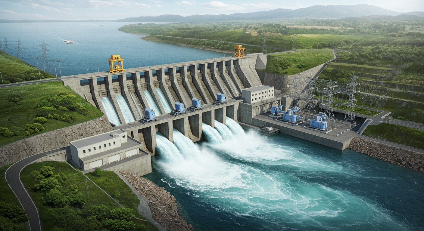 A duzzasztógát energiát termel a víz áramlásával.