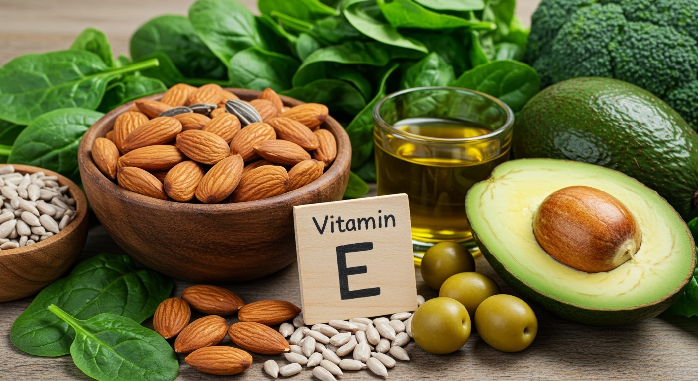 Olajos magvak és zöld leveles zöldségek gazdag E-vitaminban.
