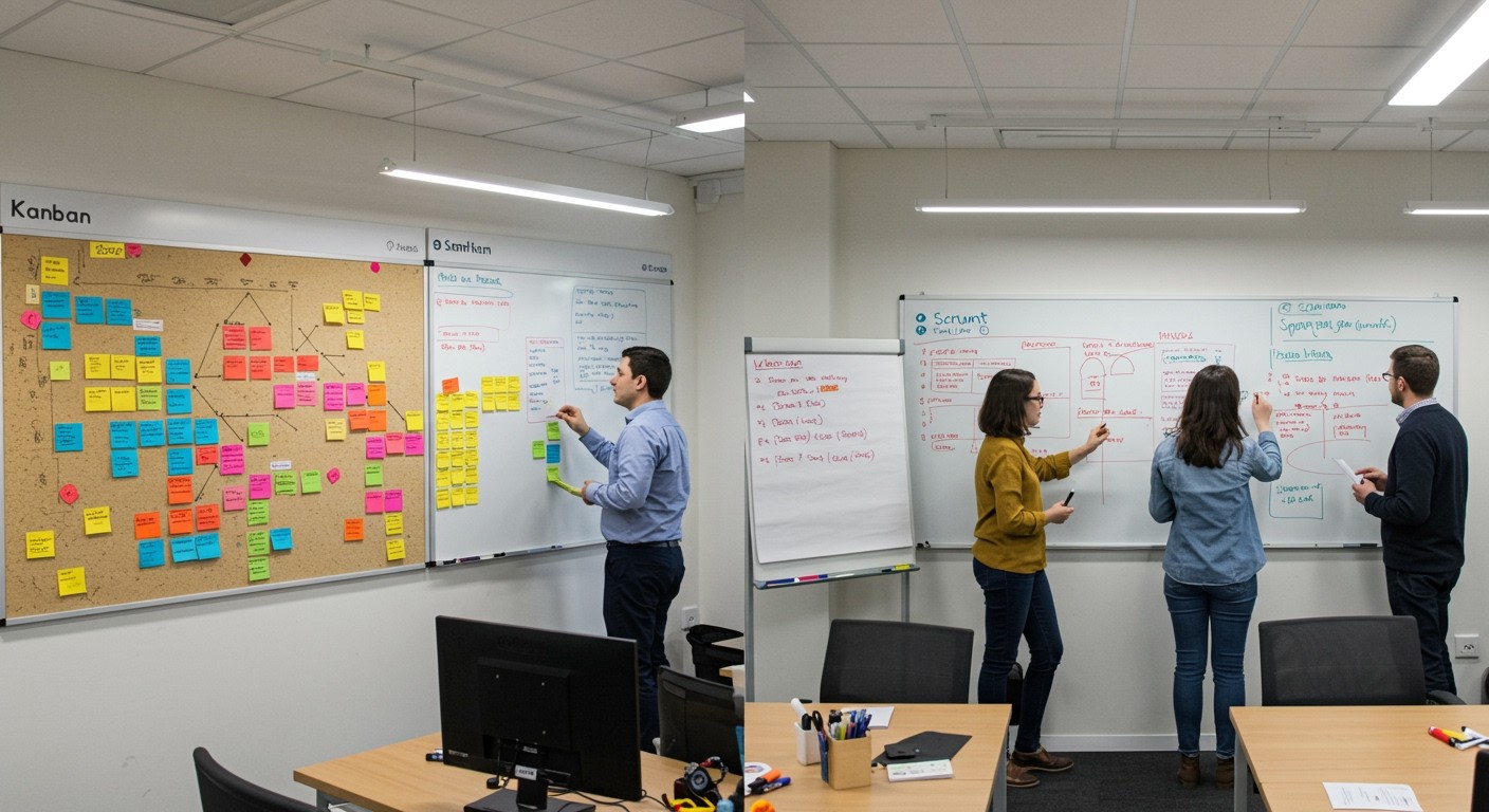 A Kanban folyamatos áramlást, míg a Scrum iterációkat alkalmaz.