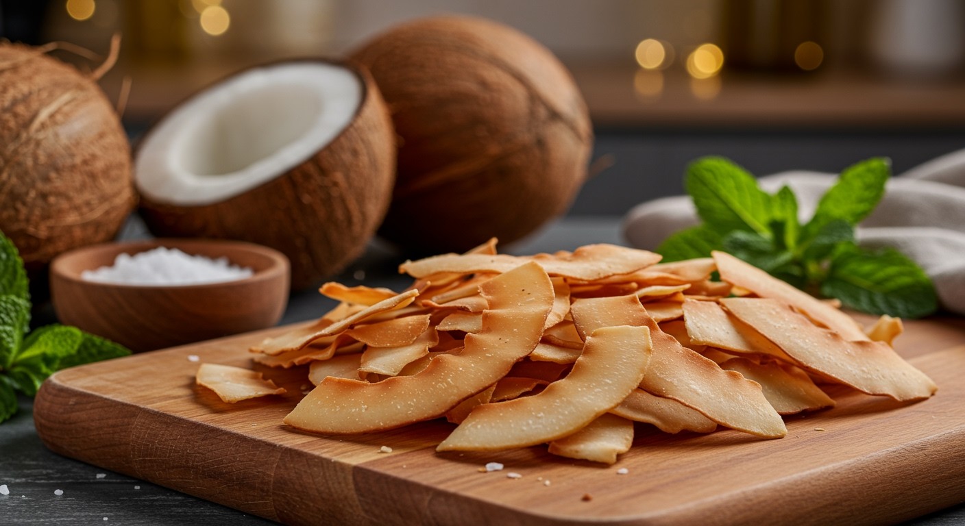 Kókuszchips sütése 150°C-on optimalizálja a roppanós állagot.