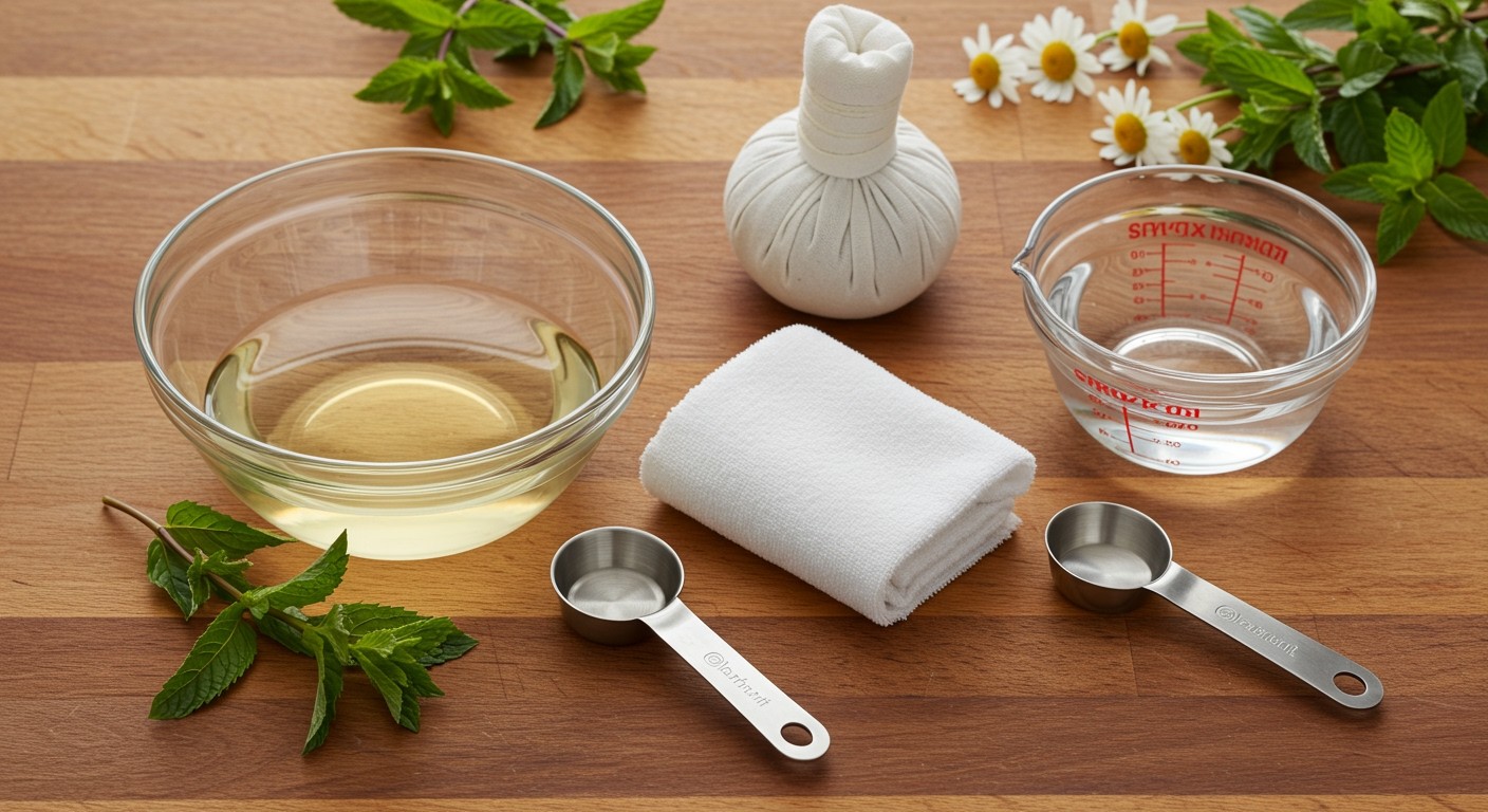 Ecetes borogatás készítéséhez szükséges víz, ecet és ruha.