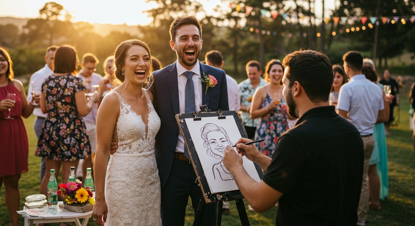A karikatúra vidám pillanatokat örökít meg esküvőn.
