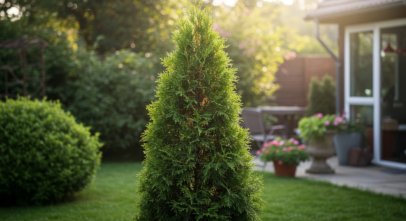 Az arborvitae kiemelkedő szoliterként vonzza a figyelmet.