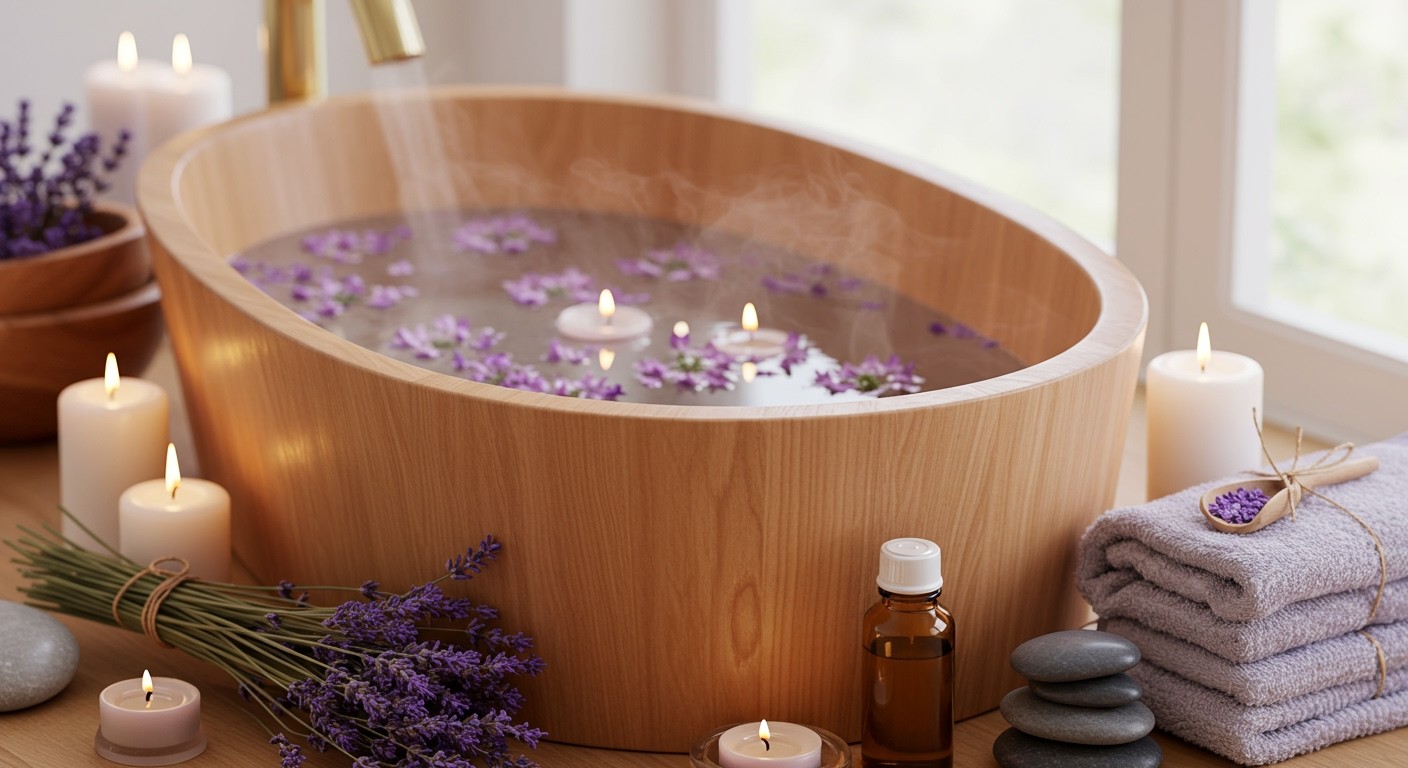 A levendulaolajos fürdő nyugtatja az elmét és hidratálja a bőrt.